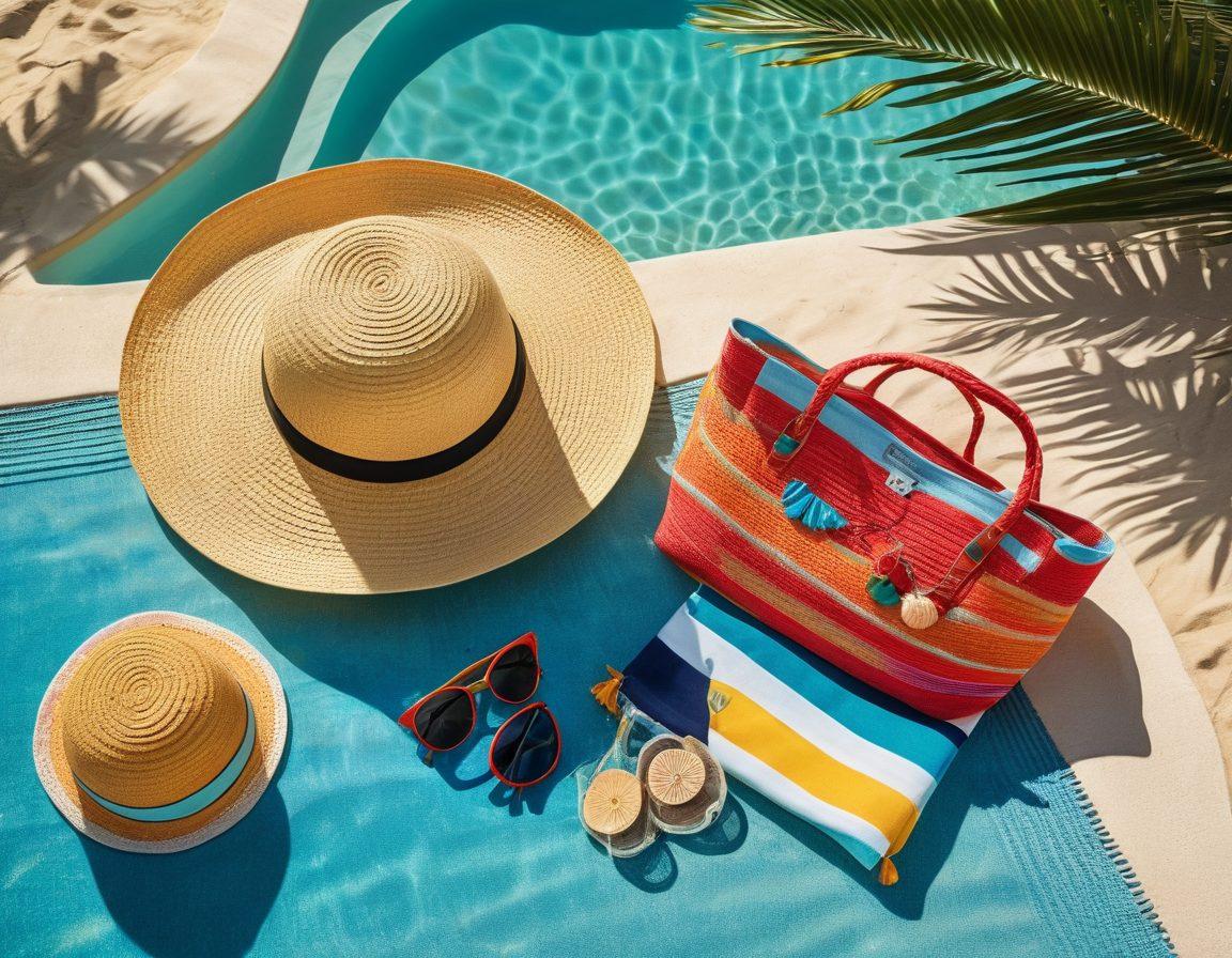 A stylish beach scene depicting various fashionable beach accessories, including a chic sunhat, designer sunglasses, a vibrant beach towel, a trendy lounge chair, and a colorful beach bag. Set against a sparkling pool with clear blue water and palm trees in the background. Bright sunlight casting playful shadows to enhance the poolside vibe. super-realistic. vibrant colors. summer theme.