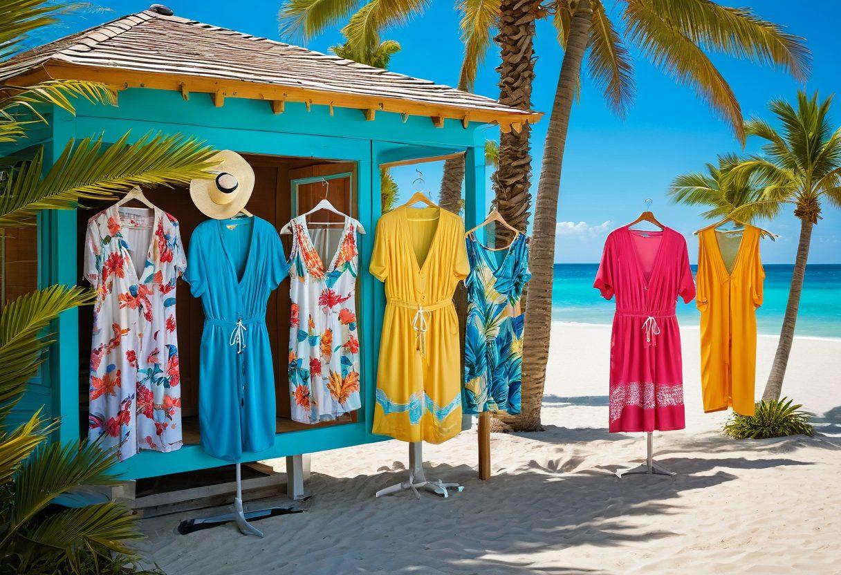 A sun-kissed beach scene featuring a stylish array of resort wear hanging on a colorful beach cabana with palm trees swaying in the breeze. Include trendy swimsuits, vibrant cover-ups, and chic sun hats spread artistically on a sandy shore, with the azure ocean in the background. Capture the essence of summer vibes and fashion elegance. bright colors, 3D, tropical theme.